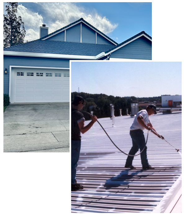 Collage image of Western Roofing servicing a commercial roof and a residential home